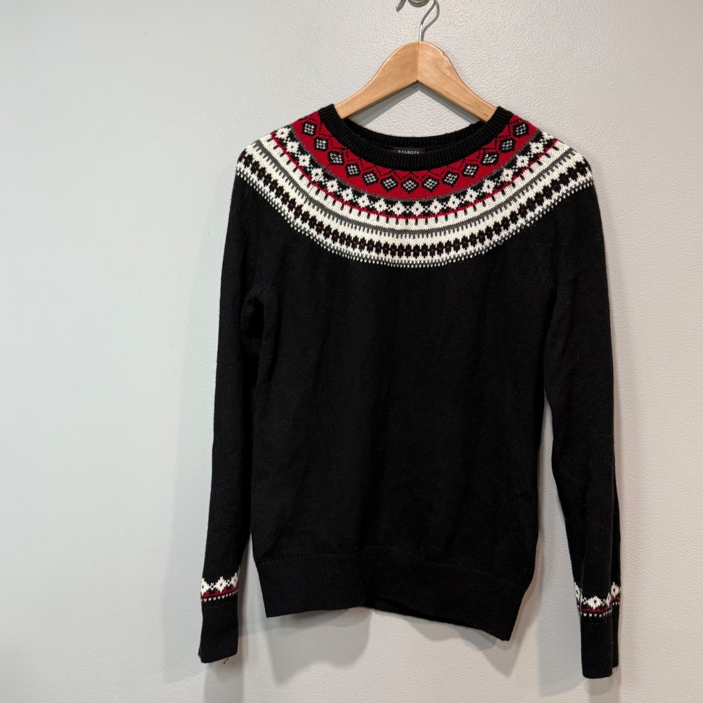 Talbots Womens Small Black Fair Isle Lambswool Blend Yoke Crewneck Sweater S